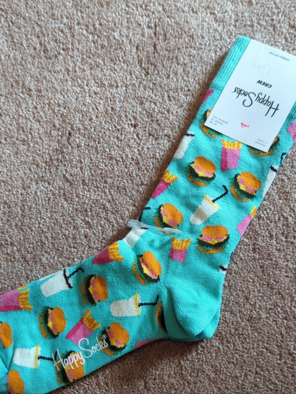 Happy Socks Turquoise Crew Socks with Burger, Fries & Milkshake Motifs